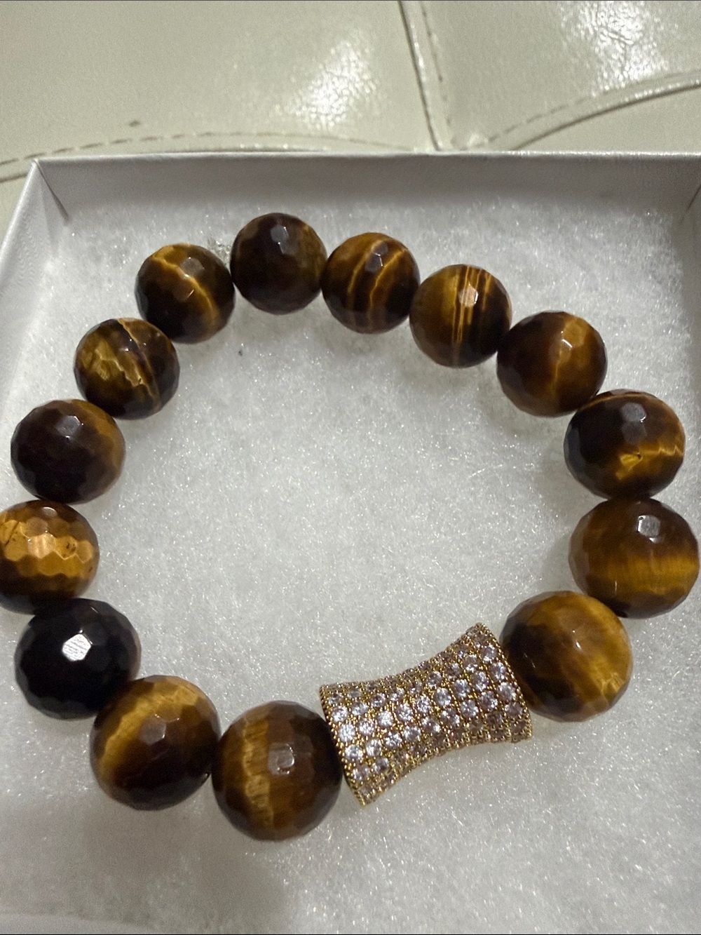 Tiger Eye Beaded Stretch Bracelet with Gold Pave Accent